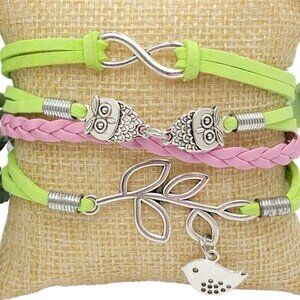 3/$20 Womens Infinity Stack Bracelet Owl Bird Green Pink Fashion Jewelry Retro